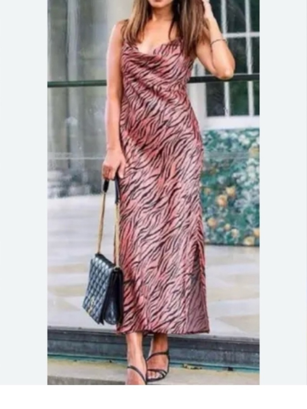 Anthropologie Elyse Zebra Print Cowl Neck Satin Midi Dress Size Large - Picture 2 of 13